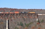 A UP GEVO leads Northbound NS 224 across the New River valley 