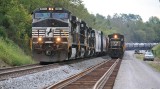 NS 170 comes North, passing a ballast train working on the new #2 track on the Rogers Gap extension 