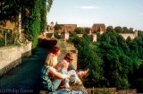 Hostellers on the city walls of Rothenburg ob Tauber, Germany