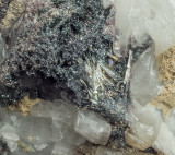 Carrock Mine bismuthinite crystals to 5 mm on 5 cm quartz matrix.