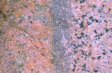 Pegmatite dike (left) intrudes granite host rock, creating a fine grained chill zone (center), Llano,TX