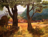 (acrylique sur toile, 16 x 20)
J'aimais bien le contraste qu'offraient ces deux pins sur ce paysage des Laurentides.
Durant l'après-midi de l'exécution, je pouvais entendre les cloches et les gongs du
monastère Bouddhiste situé tout près.
Ces sons ont sans doute contribués à l'atmosphère un peu féérique de la toile.