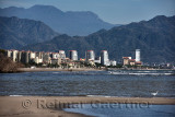 Puerto Vallarta highrise hotels from sandbank on Banderas Bay with Sierra Madre mountains