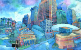 Colorful Painting of Hotels in River Front Area