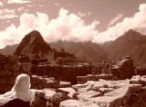 Looking at Machu Picchu in sepia