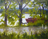 Barge on the Mississippi - plein air oil painting