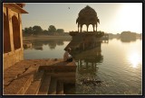 Feeding carps in sunrise light. Jaisalmer.