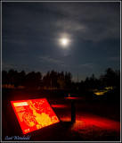 Dimly lighted pathway, signage & a moon at 50%.