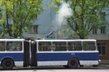 this bus had an electrical failure right in front of us wires down big explosion