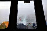 Ferry's Wake from the Dining Room. Lots of rain and fog!
