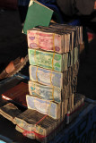 Stacks of Somaliland Shillings at a moneychanger on the streets of Hargeisa