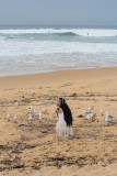 Girl with long black hair feeding gulls on beach 