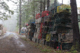 lobster traps along a foggy road