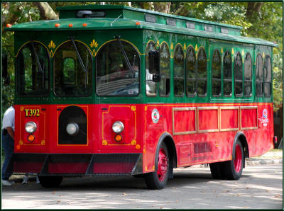 Mr. Roger's Trolley takes people to the race.