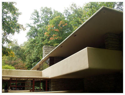 Fallingwater: Cantilevers from patio. Earth tones of Cheroke red and ocre run throughout the house.