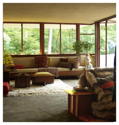 Fallingwater: living space in  house with open views to the forest. Windows open to bring the sound of the ever-present fall in.