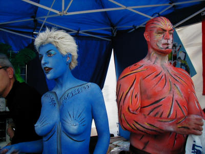Sexy blue grrl & red man at Kryolan makeup booth
