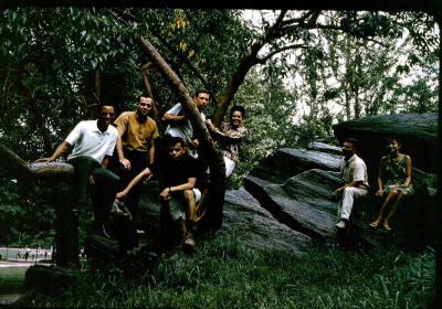 L-R ***Roy Velasquez, Joe Donaghy, Ray Maldonado, Barry Byrnes behind tree, Sylvia Kalbfleisch , Dennis Madeiros and Aida Montalvo.
This is a classic picture of friends, taken in Central Park.