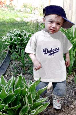 Bob's Grandson in a Dodger shirt.  FYI, Dylan came over in a Mets shirt, blue in color.  That Dodger symbol came from a Dodger Web site.