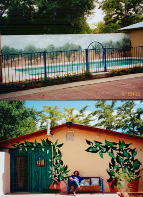 Sylvia in front of La Casita - She rents this little house out, part of the Bed and Breakfast.  Ideal for families.   Quite cute.  Again, check out the mural.