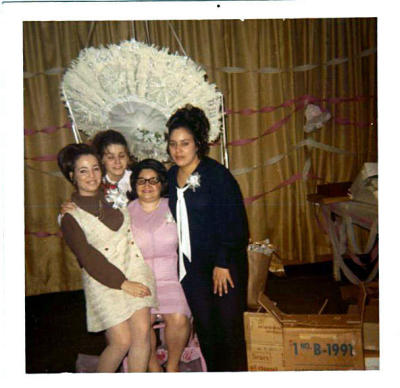 Charlotte Small,  Sandy Francis, Mrs. Francis and Eva Lopez.  Taken at Charlottes wedding shower.
