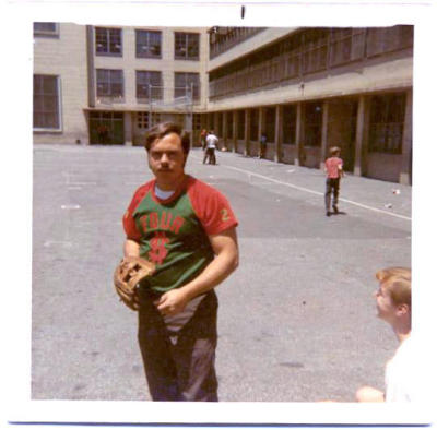 Bobby Lopez playing softball in PS 191 school yard - 1968