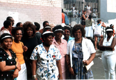 From left to right: Georgette Harris, Marilyn Jenkins, Joanne Knight, Ladie Washington, Red-white stripes?, Pam Washington (80 Amst)in red glasses, Joan Gibbs, and Eva Knight (80 Amst) Joanne and Mercedes mother.