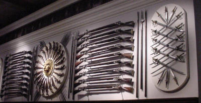 Another decorative way to display weaponry in the armory.