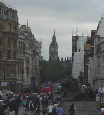 This photo was taken in Trafalagar Square sans pigeons.  Notice Big Ben peeking out through the center.  More on Big Ben later...