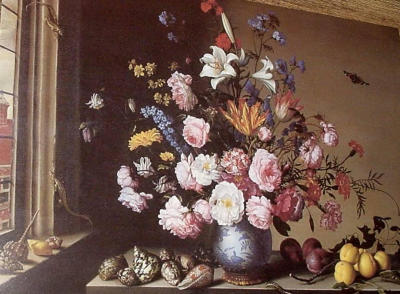 This is quite pretty, and very interesting, if you look at the details.  Can you spot the salamanders? Vase of Flowers by a Window by Balthasar van der Ast, c.1650-57