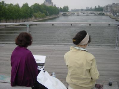 Watercolor painters on a drizzley morning