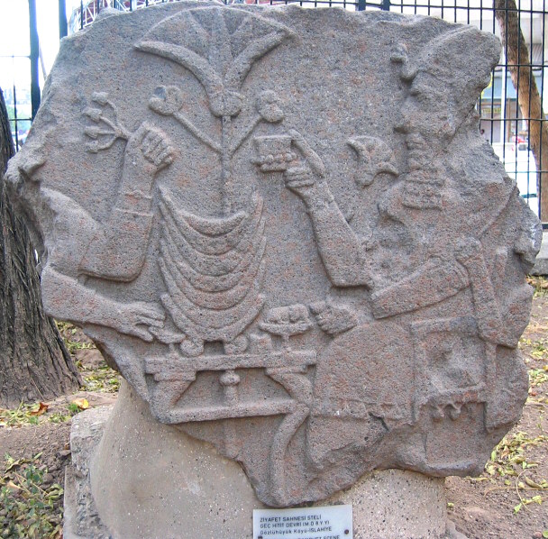 Front garden has stelae with reliefs made of basalt<br>depicting Hittite Period funeral banquets