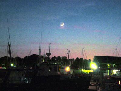 waxing crescent moon over the marina