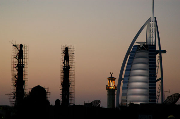 A new mosque under construction in Umm Suquiem, with the Burj Al Arab