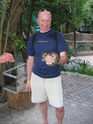 Brian wrestles the deadly constrictor, Crococun Zoo, Puerto Morelos, Quintana Roo