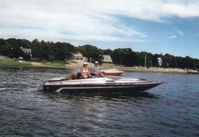 Here are the kids in the BlackBoat in Squeteague Harbor.  They had just put the new engine in.  Nice powerful
V8 it is.