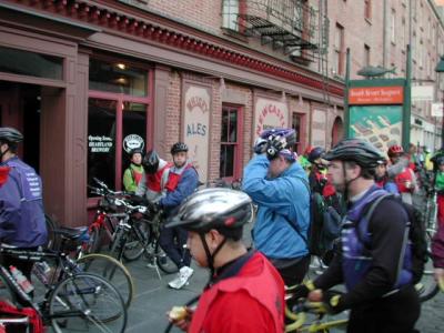 Crayon-colored jackets protect the riders from the chilly fall morning.