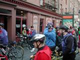 Crayon-colored jackets protect the riders from the chilly fall morning.