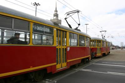 A tramway passing near the Palace of Culture and Science
