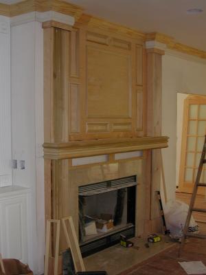 The fireplace nears completion