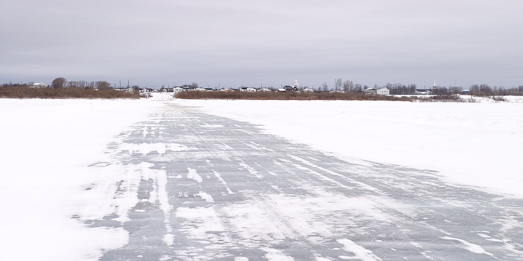 Road across the ice to Moosonee in late March
