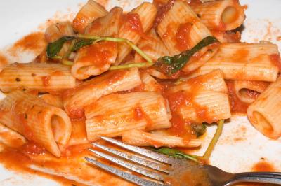 rigatoni pasta and tomato sauce with rau ram sprig (large) 22 March 05