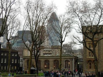 The Gherkin, looking out of place above the Tower buildings.