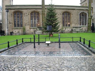 The site of the scaffold where Anne Boleyn and others were executed. The chapel of St. Peter ad Vincula is in the background.
