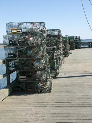 Lobster pots on the dock at Porpoise Cove, Kennebunkport, ME.