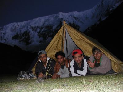 Our Camp at Tagha Fari - Rakaposhi Mountains are visible in the Background (Thanks to slow sync flash here)