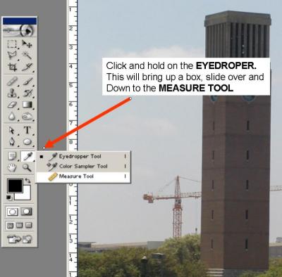 Load the picture in PhotoShop. 

Click and hold on the Eyedroper, this will bring up the next menu. 
Now slide to the Measure Tool.