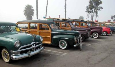 Woodies at the Beach - Santa Barabara 2002 
left to right: 1950 Ford, 1946 Ford, 1941 Ford, 1940 Ford