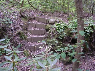 circular staircase from stream, west of house