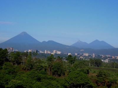 Blue sky, Volcanoes, City and Trees